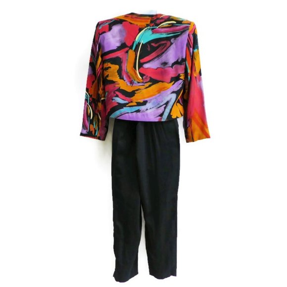Vintage 3pc Black Abstract Pant Suit Blazer Blouse Trousers Basque Waist USA 10 - Picture 4 of 16